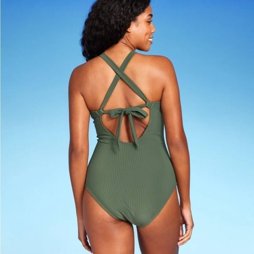 Ribbed Plunge Ring Detail Swimsuit Dark Green Adjustable Straps, Crisscross Back